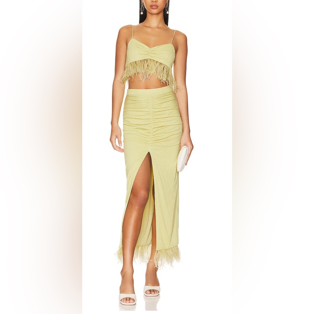 Metallic net feather top/skirt set in color pear